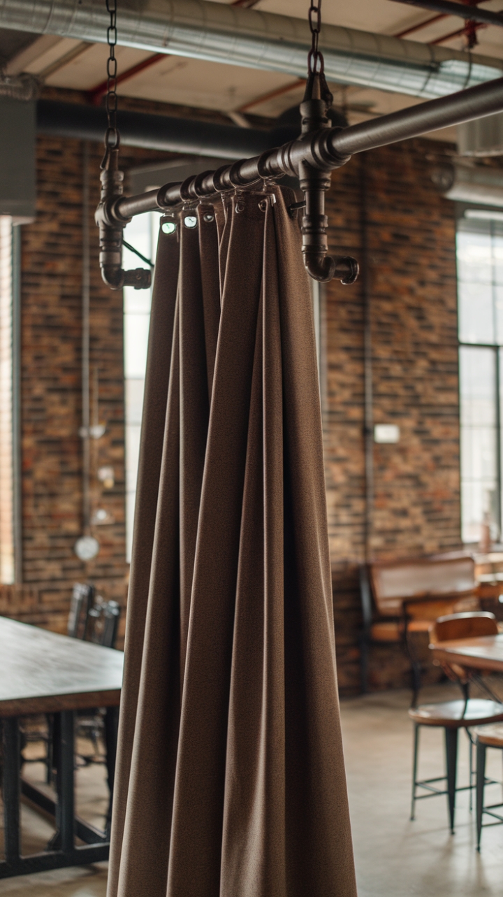 Imagine: Dark grey curtains, weighty and dramatic, suspended from a reclaimed steel pipe—a striking focal point in a room where exposed brick and vintage industrial furniture create an atmosphere of captivating, lived-in luxury. The perfect balance of raw texture and refined style.