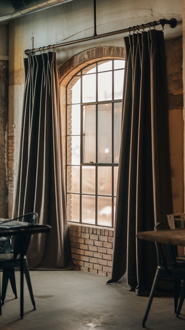 Ready to infuse your space with raw, urban charm? A vintage industrial curtain rod, crafted from weathered metal pipe, anchors heavy, textured curtains that drape dramatically against a backdrop of exposed brick. The soft, warm light filtering through the multi-paned window reveals the character of the aged wall, adding to the room's lived-in, yet sophisticated appeal. The concrete floor and hints of industrial furniture complete this effortlessly cool look.