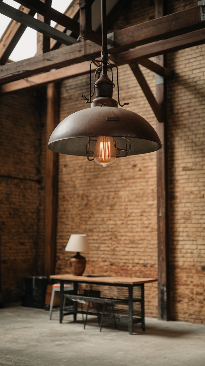 Raw industrial chic meets rustic charm. This vintage pendant light, a masterpiece of exposed metal and glowing filament, anchors a space defined by exposed brick, weathered wood, and cool concrete. The perfect blend of textures and eras creates an atmosphere both lived-in and utterly captivating.