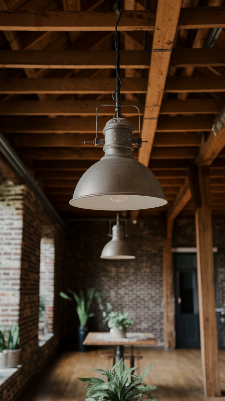 Raw industrial chic meets rustic charm. A vintage pendant lamp, its metal frame a testament to bygone factory days, casts a warm glow against exposed brick and weathered wood beams. The perfect blend of textures and eras, creating a space both lived-in and utterly captivating. A simple plant adds a touch of organic life to this beautifully imperfect loft.