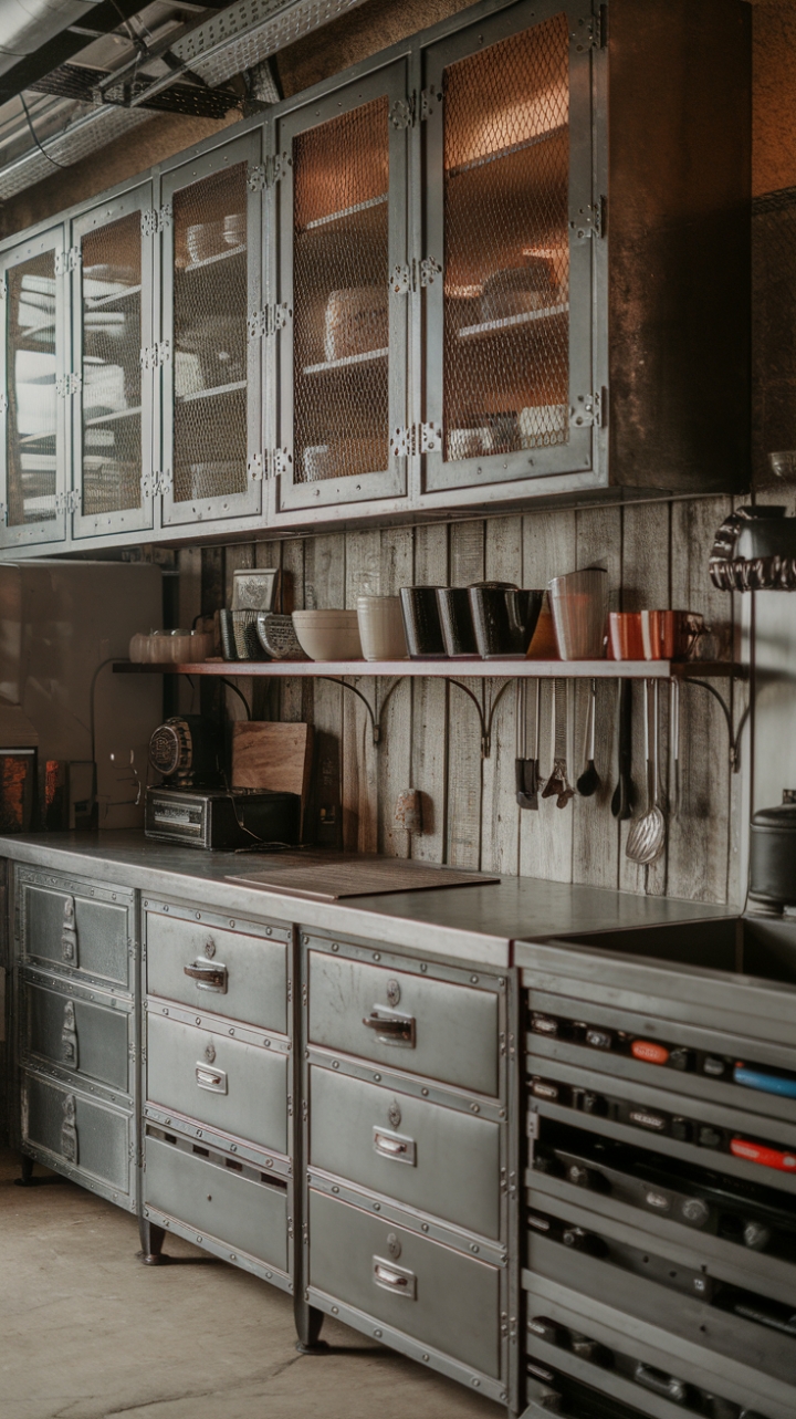 This loft-style kitchen is a testament to industrial design's enduring appeal. The blend of rugged steel cabinetry and rustic wooden accents forges a unique aesthetic, brimming with character and vintage vibes. A space where functionality meets timeless style, creating a kitchen as captivating as it is practical.