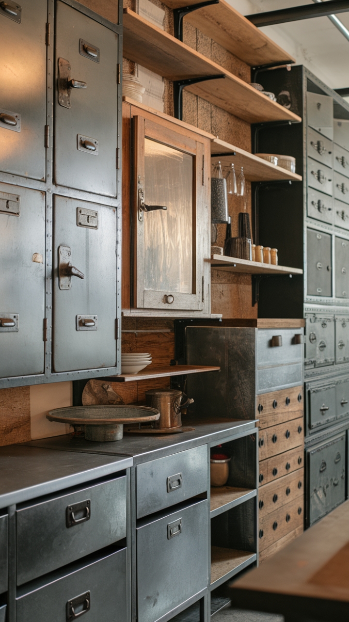 Unleash your inner chef in this captivating kitchen where industrial chic meets rustic warmth. A symphony of textures and materials—from aged wood to gleaming steel—creates a captivating storage solution. Vintage cabinets whisper tales of the past, while modern metal units offer sleek functionality. This is more than just a kitchen; it's a statement of refined industrial style.