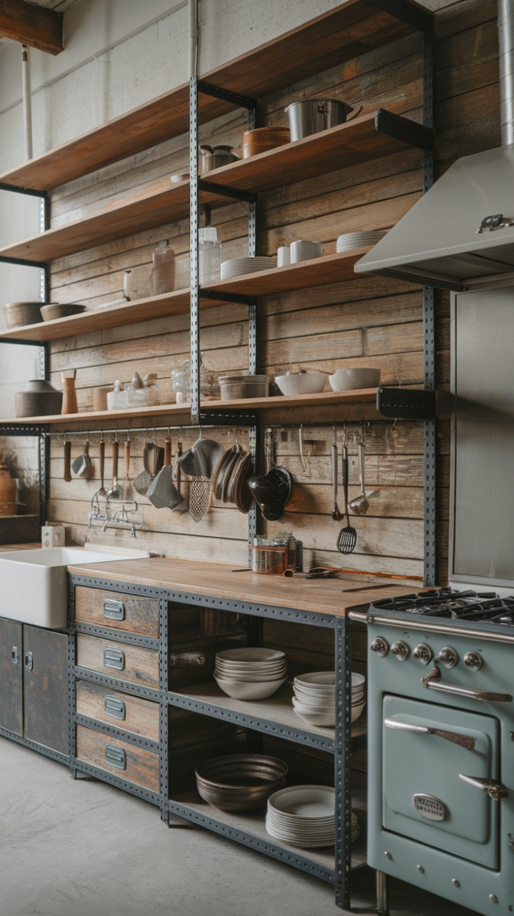 Exposed brick, vintage finds, and a factory-style steel and wood kitchen island create a captivating industrial-loft aesthetic. This space is a testament to the beauty of repurposed materials and functional design, showcasing a unique blend of rugged and refined.