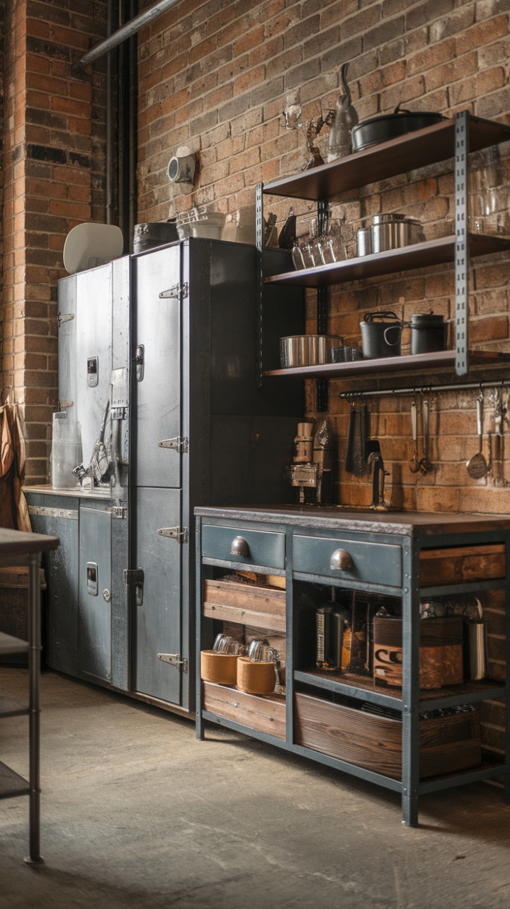 Raw, reclaimed wood whispers stories of bygone eras, mingling effortlessly with the cool steel of industrial-chic cabinetry. Exposed brick and concrete floors ground this vintage kitchen, a testament to timeless style and rugged charm.