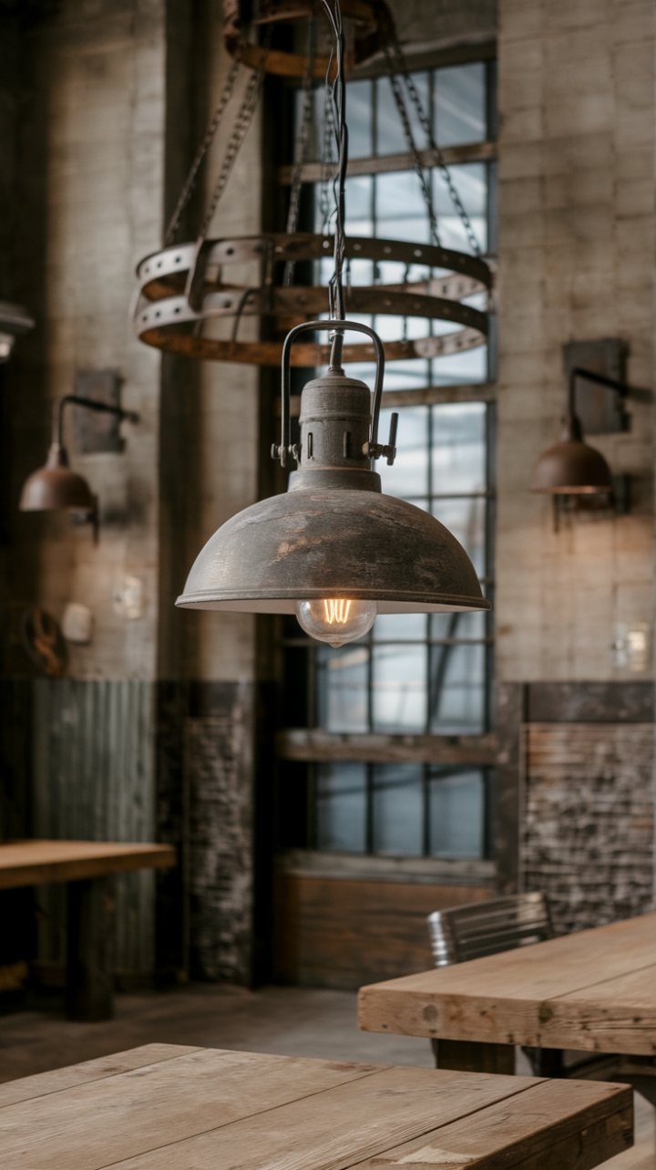 Ready to infuse your space with raw, rustic charm? A vintage industrial pendant light, crafted from reclaimed metal, casts a warm glow over a weathered wood table, setting the stage for unforgettable gatherings. Antique industrial accents, from a majestic chandelier to rugged metal sconces, complete this warehouse-chic haven, where history and modern comfort beautifully collide.