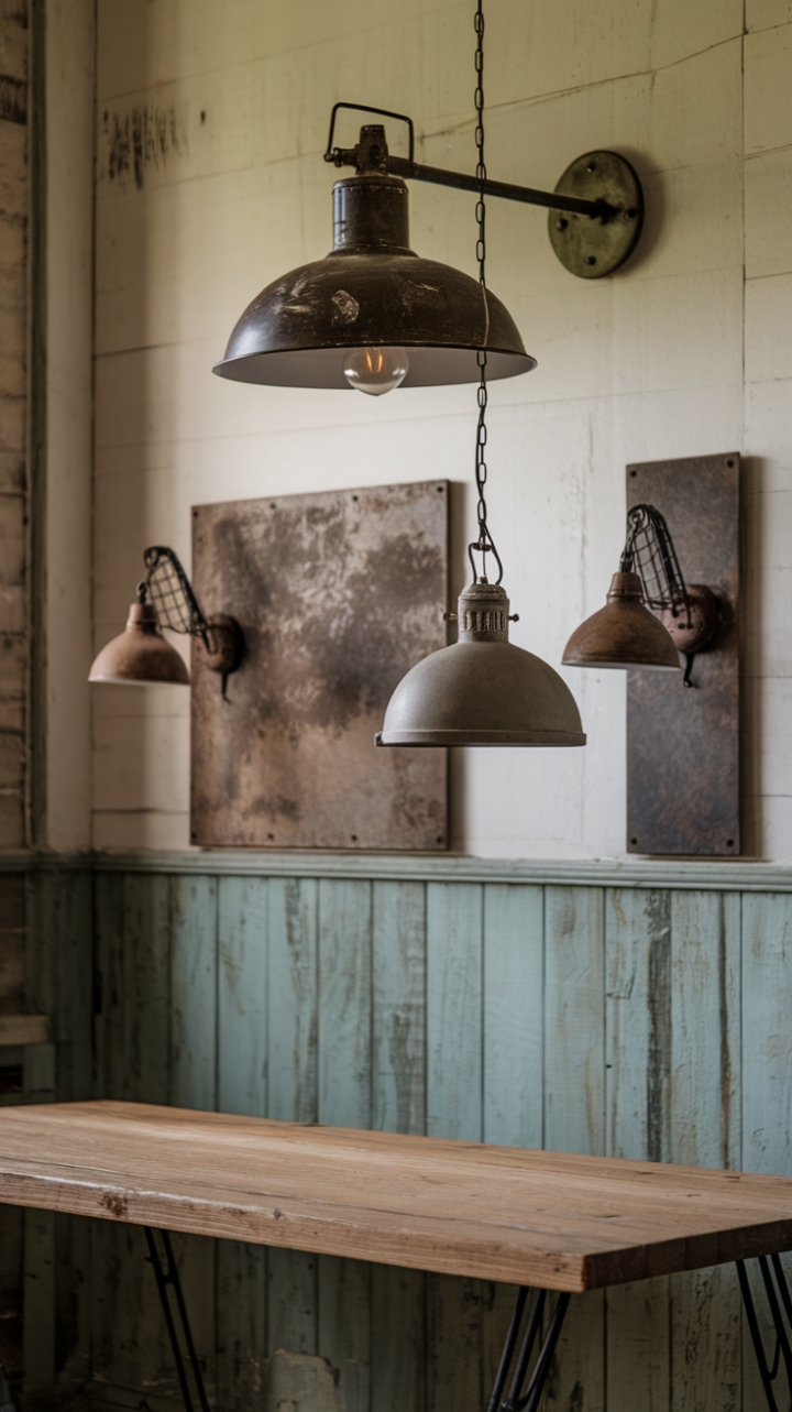 Ready to transform your space with raw, rustic charm? A vintage industrial pendant, crafted from reclaimed metal, hangs low over a weathered wood table, its distressed metal shade casting a warm glow. Rugged metal sconces punctuate the distressed wood paneling, completing this warehouse-chic lighting scheme. The overall effect is a captivating blend of industrial grit and farmhouse warmth.