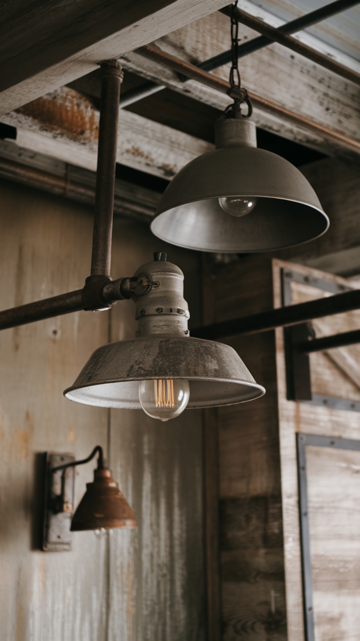 Ready to transform your space into a haven of rustic-industrial charm? Imagine this: a vintage industrial fixture with a distressed metal shade casts a warm glow, complemented by a farmhouse pendant light crafted from reclaimed metal above. A rugged metal sconce on the wall adds a touch of raw, edgy elegance against the backdrop of a distressed wood and metal ceiling—the perfect blend of antique industrial warehouse style.