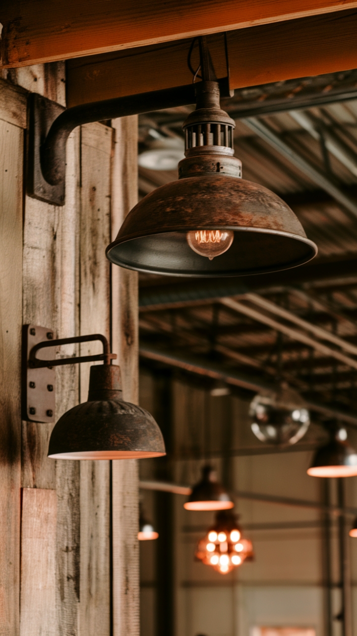 Bathed in a warm, inviting orange hue, this image showcases the raw beauty of reclaimed materials and vintage finds. A distressed metal pendant lamp hangs proudly from a rustic wooden ceiling, its aged patina a testament to time. A complementary metal sconce on a textured wood wall adds depth and dimension, while a glimpse of antique industrial chandeliers and warehouse lighting in the background hints at a larger, equally captivating space. This is industrial design at its most alluring.