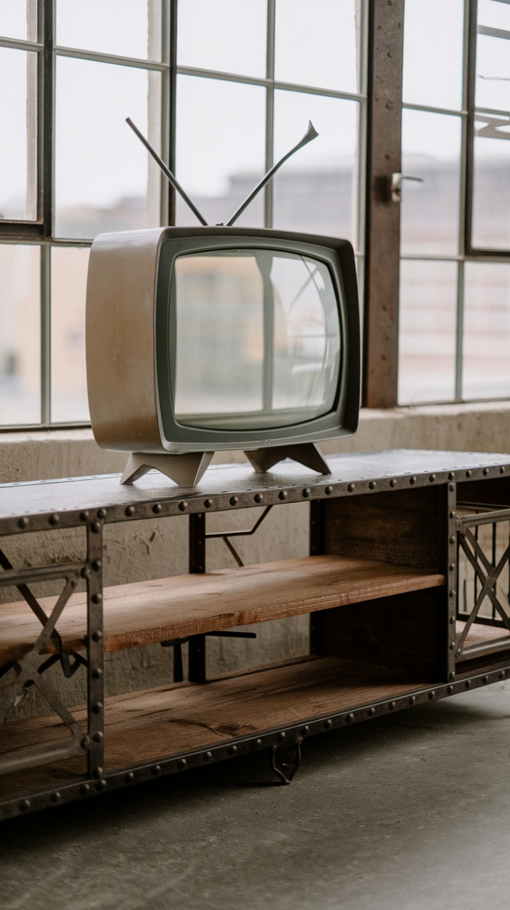 Imagine this striking reclaimed wood and metal console as the centerpiece of your living room. Its unique shape and multiple shelves offer ample storage, while the vintage TV stand adds a touch of playful nostalgia. The industrial chic design is perfectly complemented by the loft-style ceiling and breathtaking city backdrop.