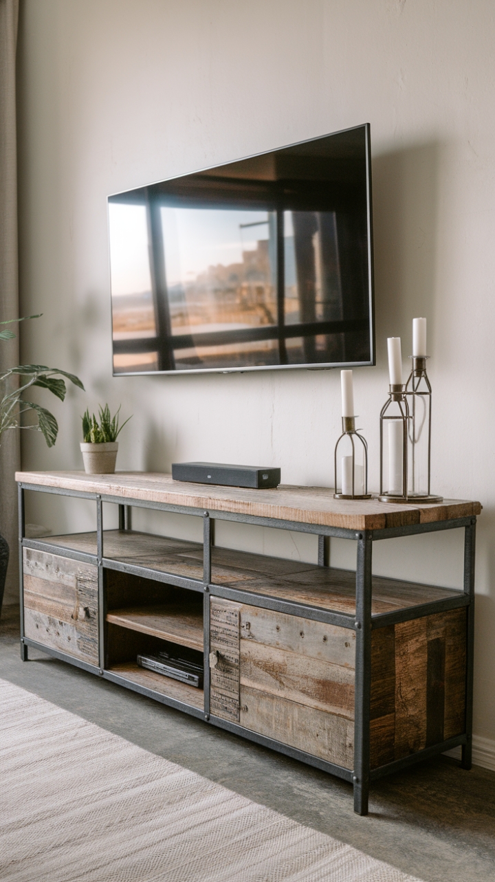 Unleash your inner industrial chic with this rustic media console, a captivating blend of reclaimed wood and sleek metal. The vintage-inspired design adds character, while the minimalist metal frame keeps it modern and functional. Perfect for showcasing your favorite films and adding a touch of raw, urban edge to your living space.