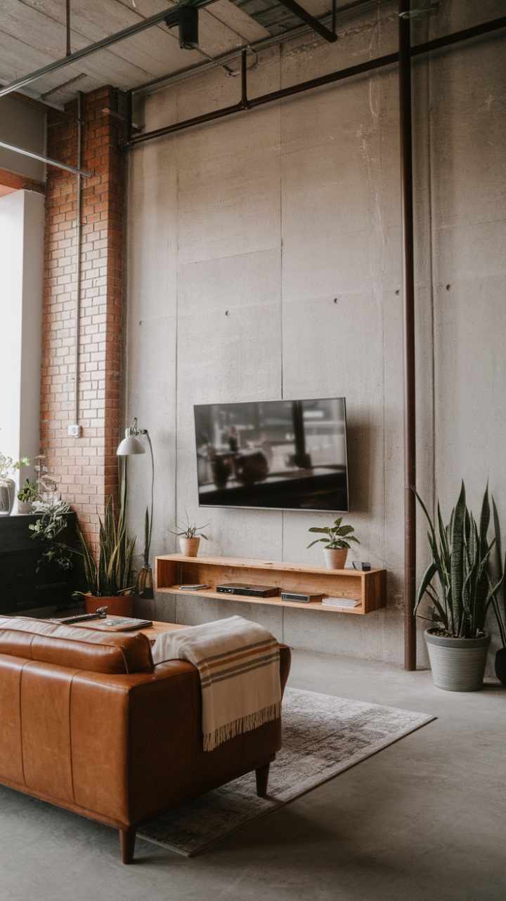 Craving a minimalist industrial vibe? This living room's got it all: exposed brick, concrete accents, and a streamlined TV setup that's anything but boring. The warm wood shelf and plush leather sofa add unexpected texture and comfort, proving that industrial style can be surprisingly inviting. The perfect blend of rugged and refined.