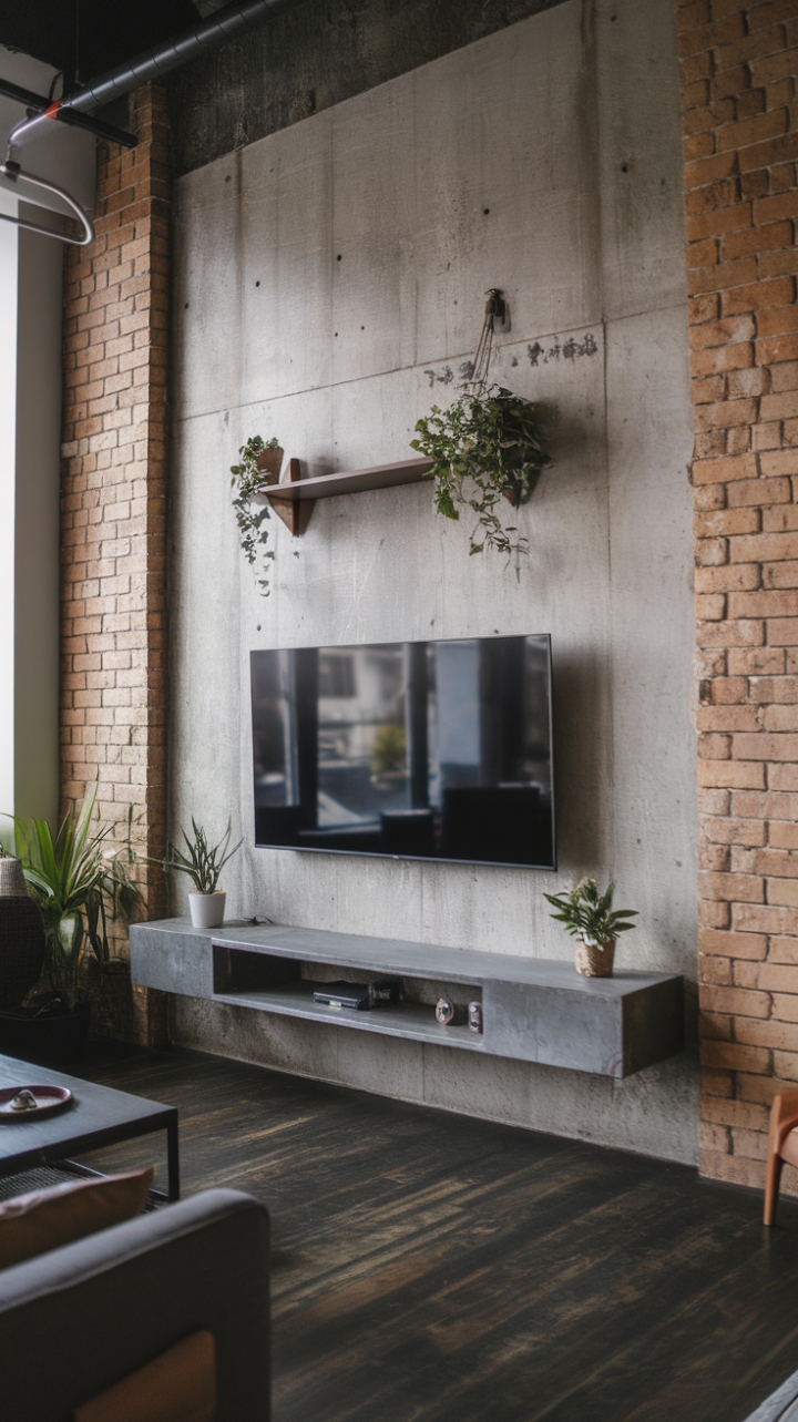 Craving a raw, refined look? This industrial-style living room shows how to make a statement with simplicity. A concrete wall provides the perfect backdrop for a minimalist TV setup, while pops of greenery and a streamlined shelf add personality without overwhelming the space. The dark wood floors and bright lighting create a sophisticated, lived-in feel.