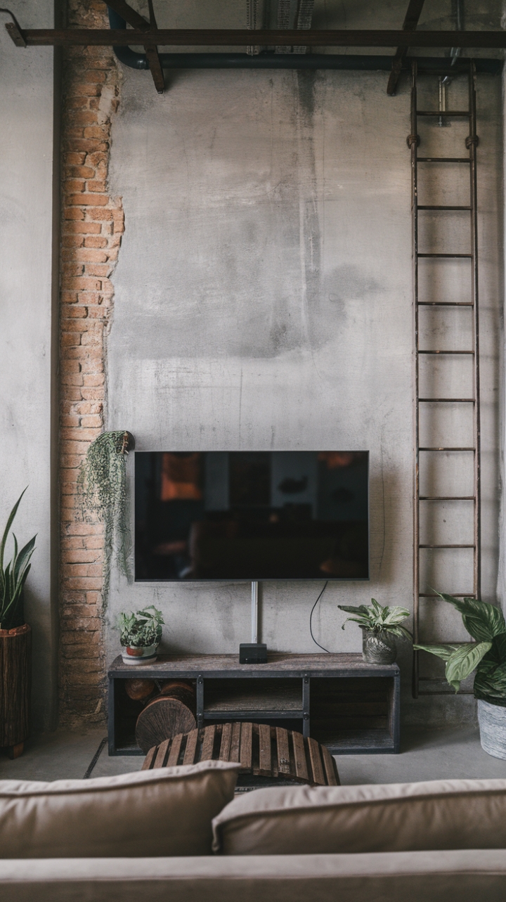 Raw concrete meets refined living. This industrial-chic space showcases a minimalist TV setup, cleverly integrated into the exposed brick wall, complemented by a curated collection of metal and wood accents. The result? Unexpected warmth and urban sophistication.