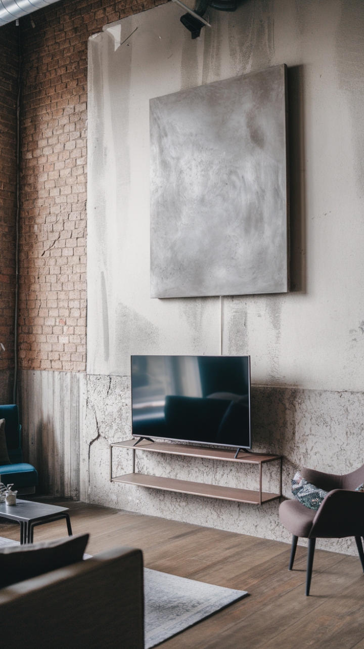 Ready to rethink your living space? Raw brick, cool concrete, and a minimalist TV setup create an industrial haven where comfort meets edgy style. The concrete art piece adds a touch of unexpected texture, while the metal shelf keeps things sleek and functional. This loft proves that less is truly more.