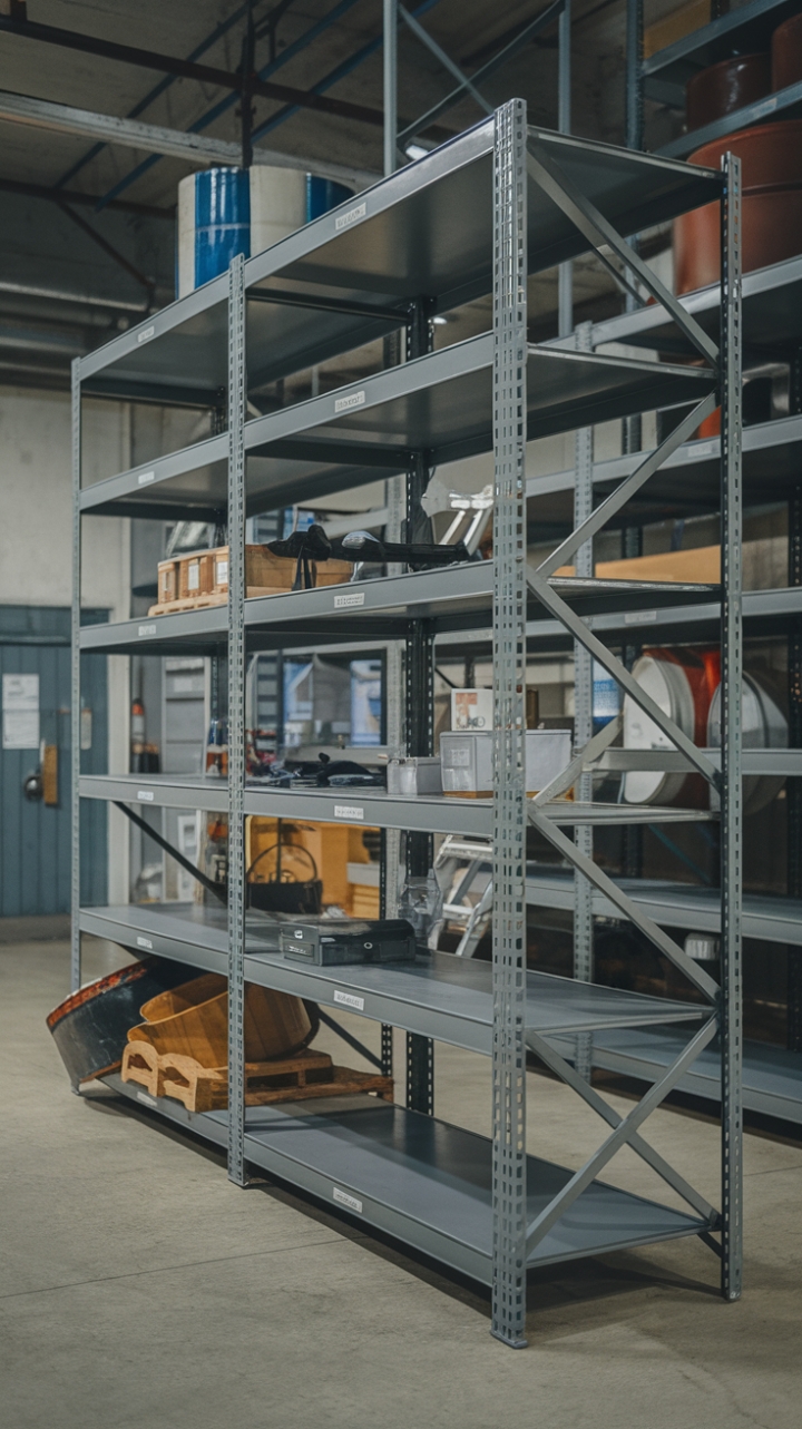 Raw, refined, and resolutely industrial: This steel shelving unit isn't just storage; it's a statement. Crafted from durable gray metal, it commands attention amidst the warehouse aesthetic, showcasing a curated collection of textures and objects, from weighty drums to delicate boxes. The perfect blend of function and form for the modern minimalist.