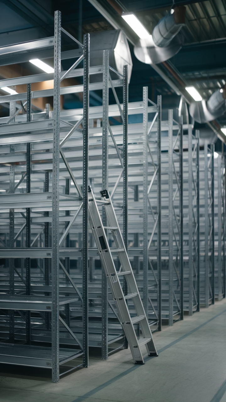 Imagine the possibilities! This image showcases the beauty of unadorned industrial design. Rows of sturdy metal shelving, a practical ladder, and the hum of large industrial fans create a space that's both functional and strikingly modern. The raw concrete floor completes the look, offering a canvas for your unique style.