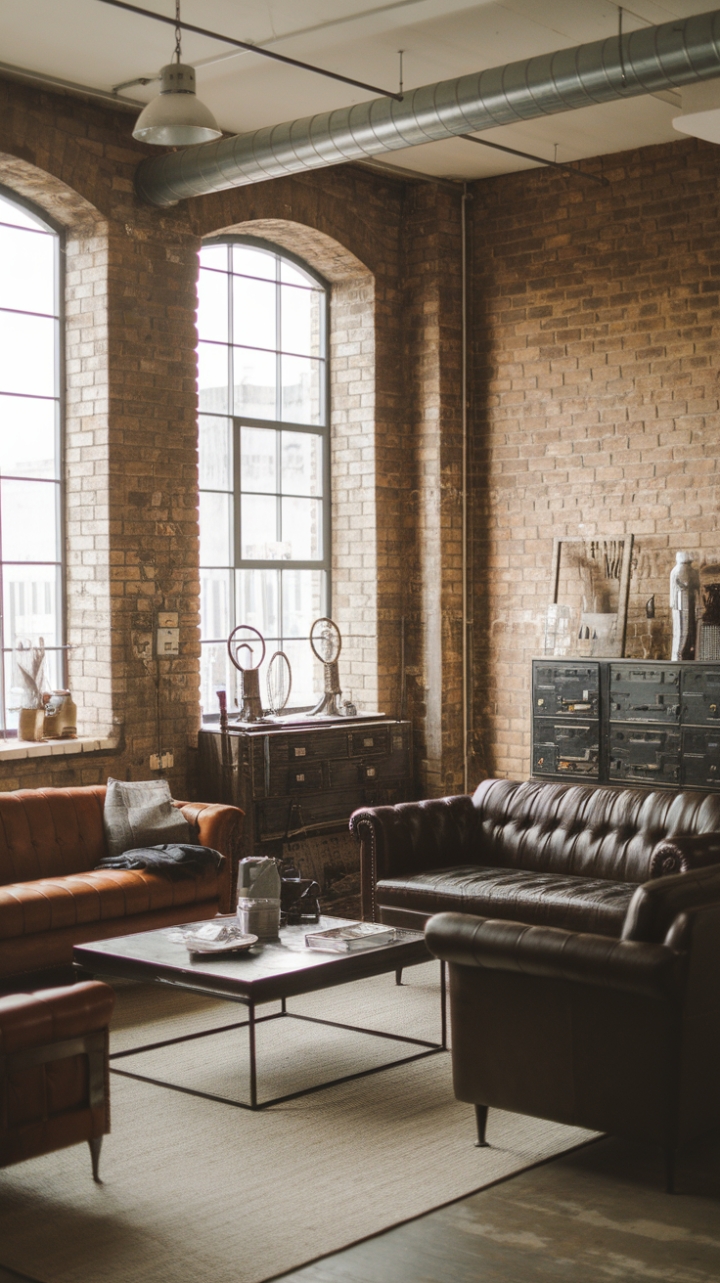Concrete, brick, and steel—this industrial-chic living room is a masterclass in raw elegance. Distressed finishes and vintage furniture tell a story of urban cool, while a minimalist approach keeps the focus on the space's inherent beauty.