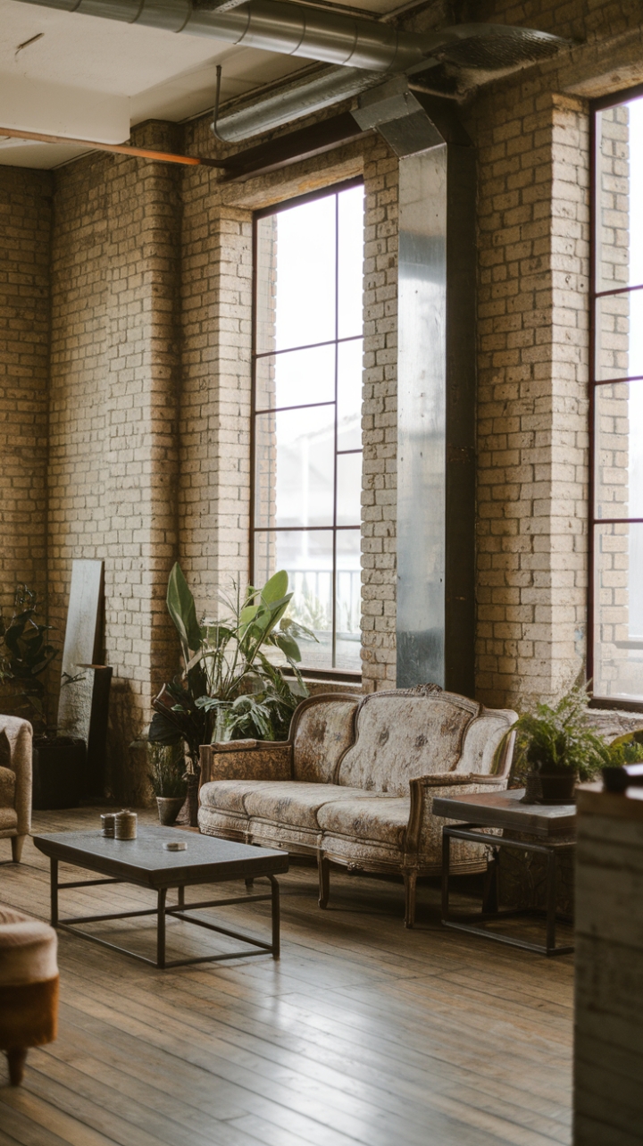 Reclaimed materials and a touch of floral romance collide in this urban sanctuary. The exposed brick whispers stories of the city, while a vintage sofa and carefully chosen greenery bring a touch of unexpected warmth to this industrial-chic masterpiece.