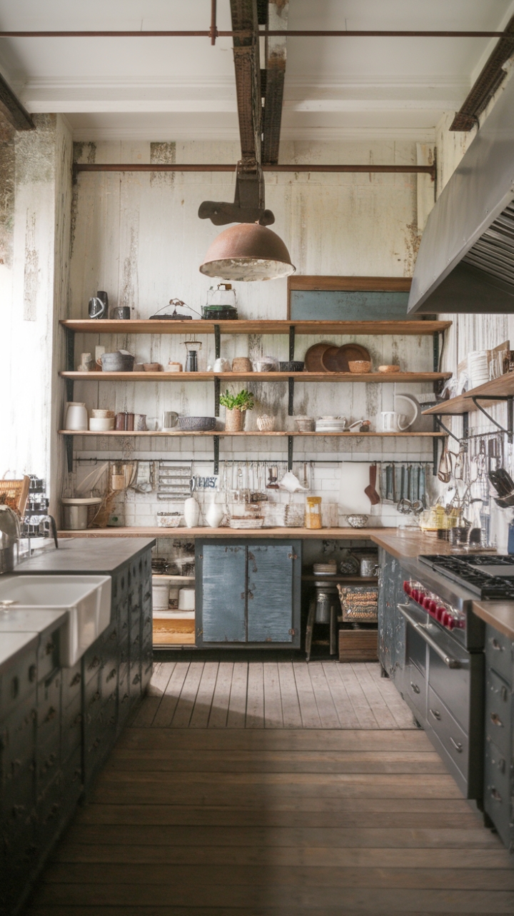 Rustic charm meets industrial edge in this dream kitchen. Reclaimed wood and aged metal blend seamlessly, creating a space that's both lived-in and luxurious. Vintage finds and decorative accents add personality to open shelving, while a grand, rustic light fixture anchors the room's worn wooden floors.