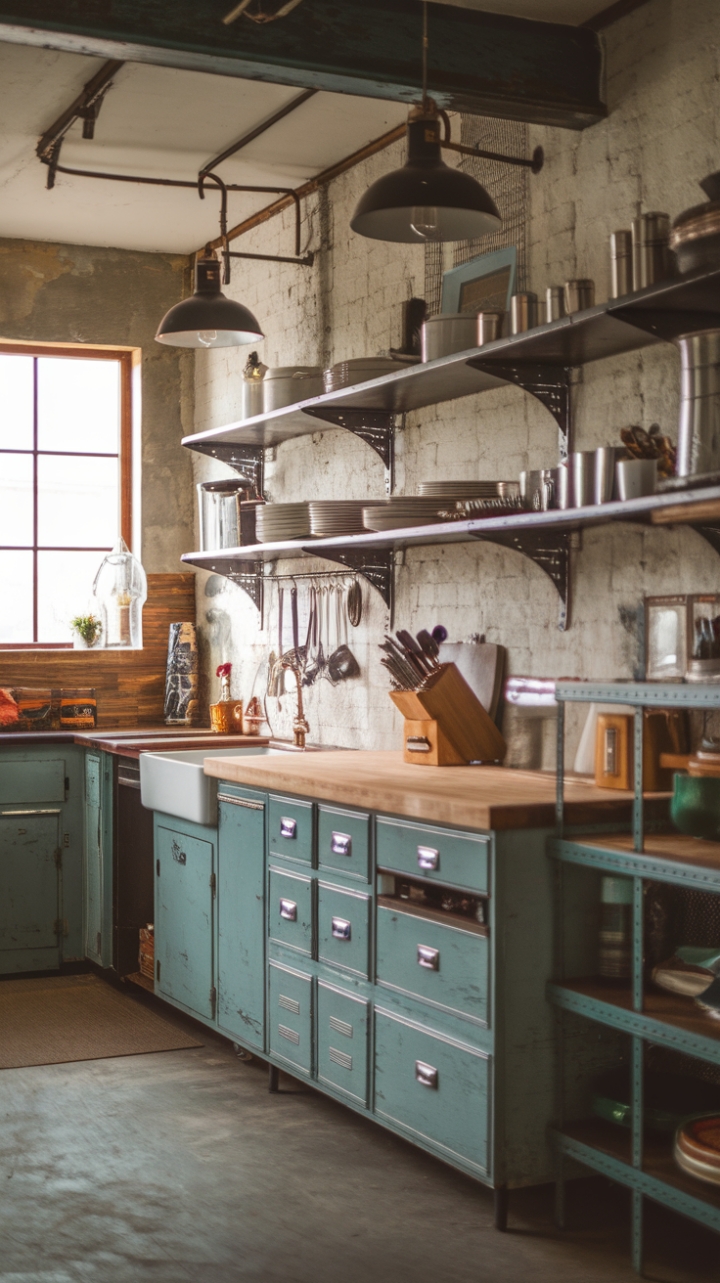 Imagine yourself cooking up a storm in this rustic industrial kitchen! Reclaimed wood whispers stories of the past, while sleek metal fixtures add a modern edge. Butcher block countertops provide ample workspace, and the open shelving showcases your favorite tools and ingredients. This is more than just a kitchen; it's a statement of style and a celebration of handcrafted beauty.