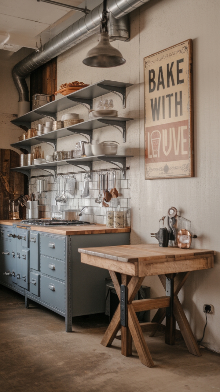 Imagine cozy evenings spent in this charming kitchen, where distressed finishes and vintage details create a space that's both beautiful and functional. Reclaimed wood, metal accents, and a heartwarming "Bake with Love" sign add to the rustic-industrial farmhouse feel, while a rustic wooden table provides the perfect spot for casual gatherings. The concrete floors ground the space, adding to its unique character.