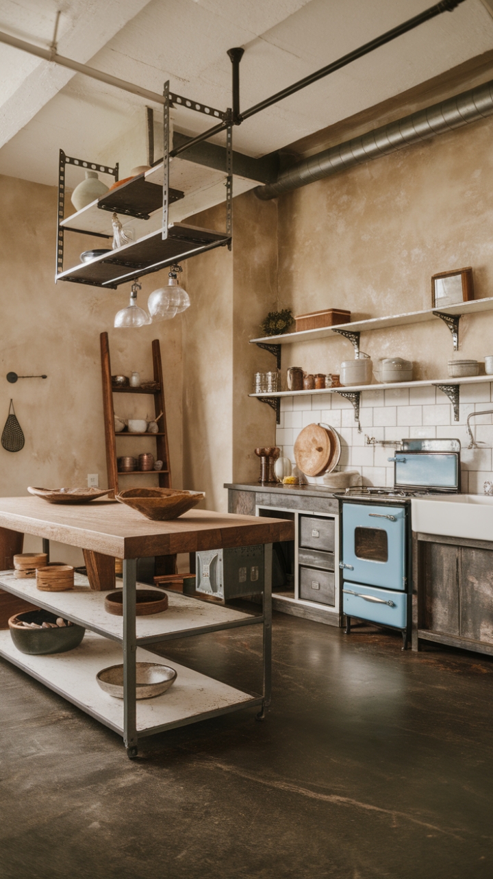 Rustic charm meets industrial edge in this dream kitchen. A symphony of textures—from the cool concrete floor to the warm wood island—creates a space that's both inviting and sophisticated. Distressed finishes and vintage finds add character, while metal accents lend a touch of modern grit. The perfect blend of old and new, this kitchen is a testament to timeless style.