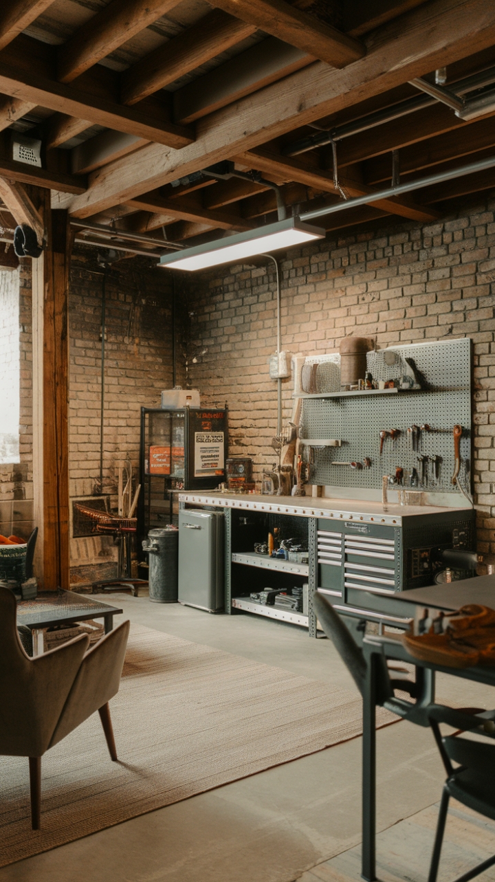 Craving a space that's both rugged and refined? This industrial haven seamlessly blends raw textures—exposed brick, wooden beams—with functional furniture, creating a haven for the modern maker. The large workbench, complete with tools and a mini-fridge, promises endless projects, while the inviting chair offers a perfect spot to unwind.