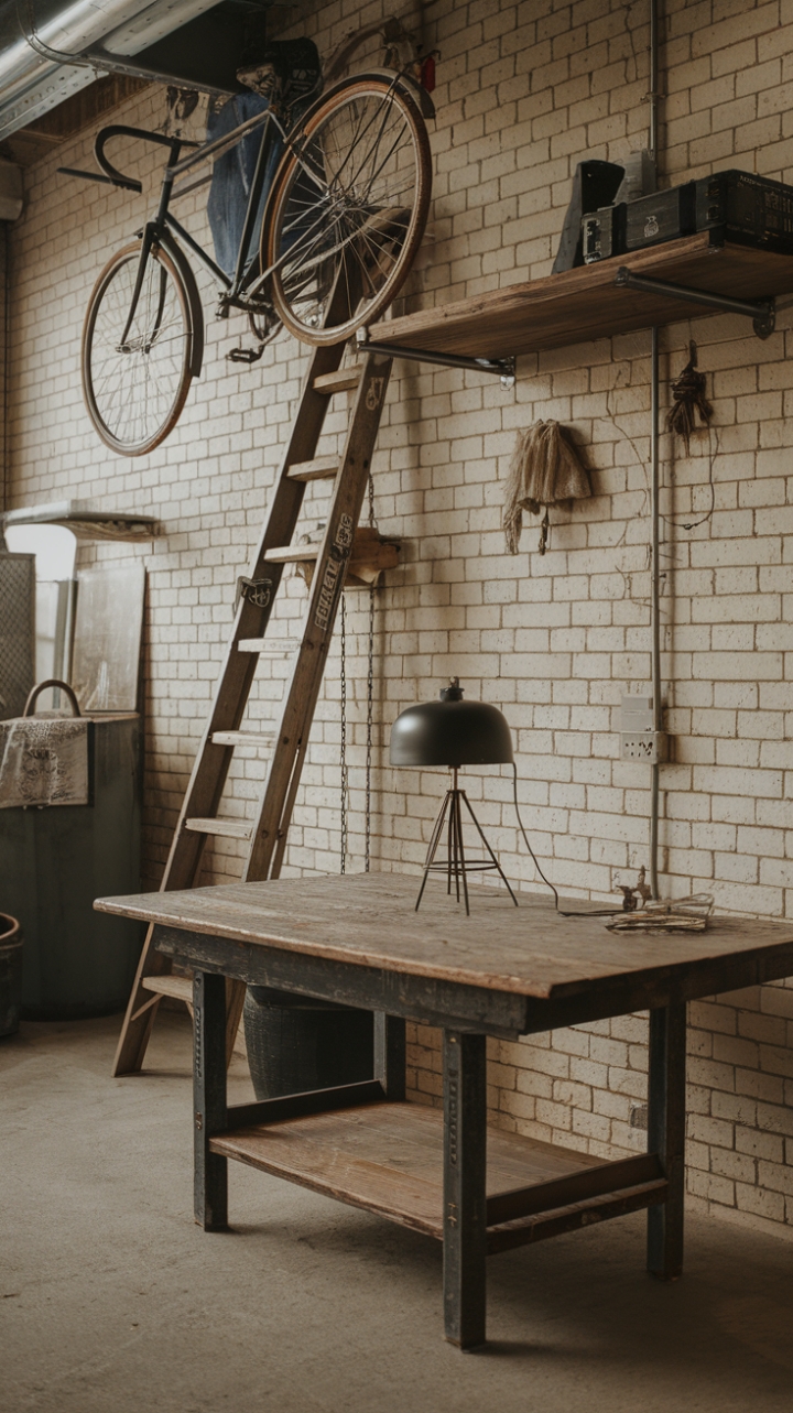 Reclaimed wood, exposed brick, and a touch of vintage flair—this industrial-chic man cave is a masterclass in masculine design. A worn wooden table anchors the space, while a leaning ladder and a suspended bicycle add a touch of playful ruggedness. The carefully curated details create a haven of relaxed sophistication, perfect for unwinding after a long day.