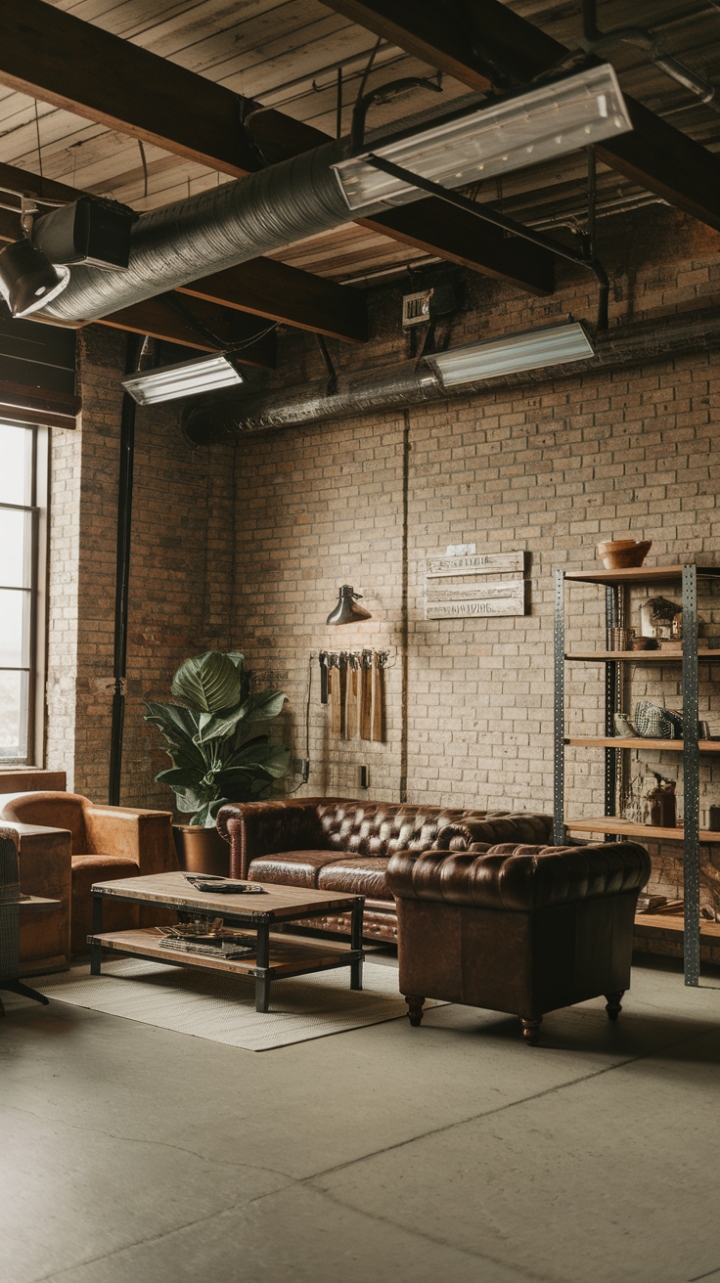 Raw, refined, and undeniably masculine: This industrial man cave marries rustic charm with urban grit. Exposed brick, weathered wood, and a concrete foundation create a backdrop of rugged sophistication, while plush leather seating and carefully curated accents inject warmth and personality. The perfect blend of comfort and cool.