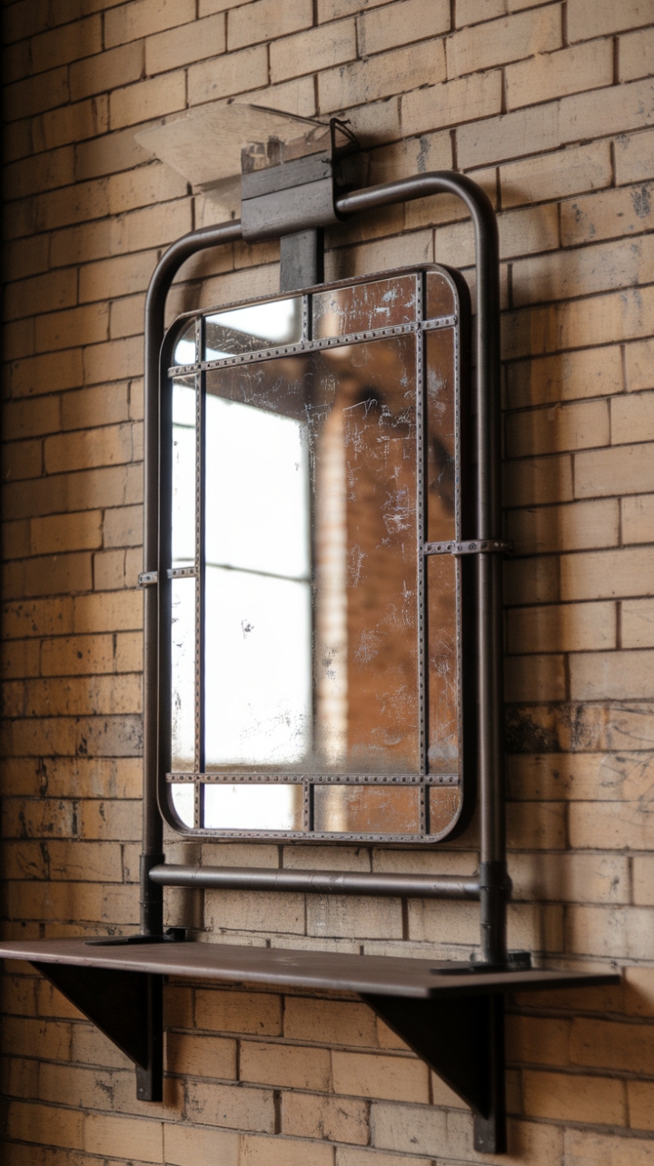 Imagine this: a reclaimed industrial mirror, its aged patina whispering tales of bygone eras, reflecting light against a backdrop of time-worn brick. The simple steel frame and the sturdy wooden shelf below create a captivating blend of rugged texture and understated elegance, perfect for a warehouse-style loft or a space craving character.