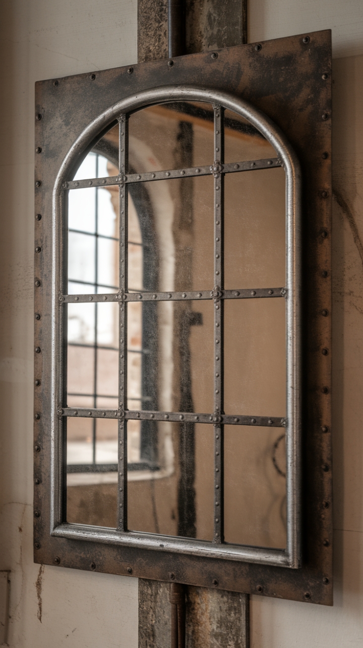 Ready to infuse your space with raw, urban cool? This vintage industrial mirror, boasting a distressed metal frame, anchors a minimalist loft with its undeniable character. The rustic wall provides the perfect backdrop, highlighting the mirror's aged beauty and adding a touch of gritty elegance to the warehouse-style setting.
