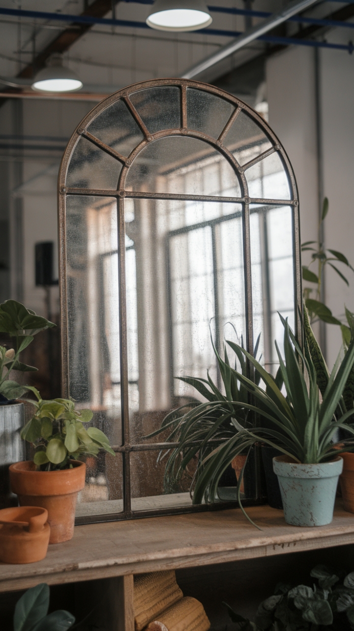 Ready to infuse your space with raw, industrial charm? This vintage mirror, boasting a distressed steel frame and perfectly imperfect finish, anchors a minimalist haven. The rustic wood shelf, overflowing greenery, and warehouse-chic backdrop create a captivating blend of textures and styles.