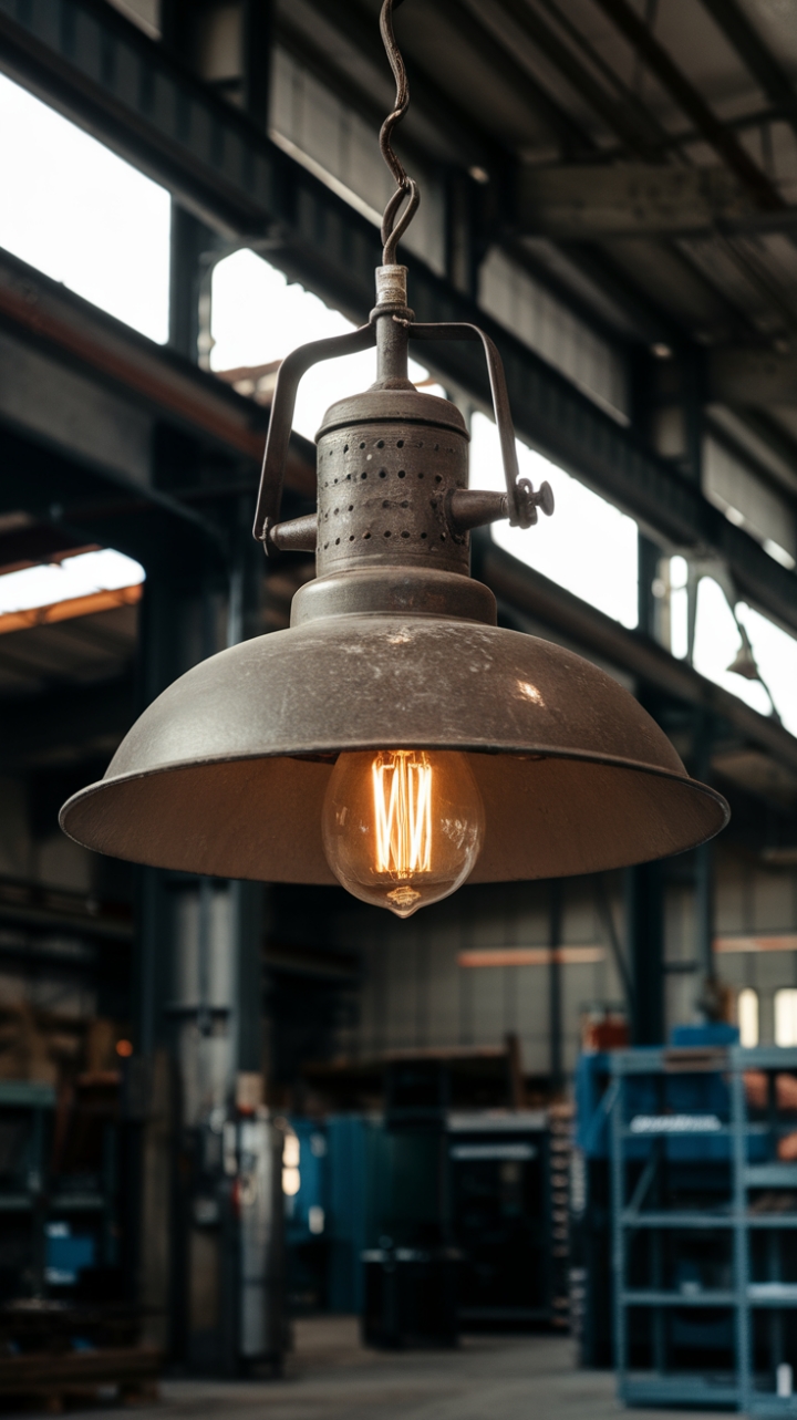 Imagine this stunning vintage industrial lamp hanging proudly in your home. The exposed bulb and weathered metal create a captivating contrast against the backdrop of industrial equipment, promising a unique focal point that whispers tales of bygone eras. Its bold design is a statement piece, perfect for adding a touch of urban grit to your interior.