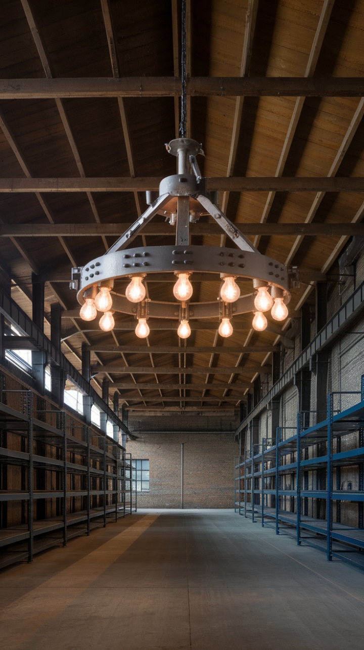 Raw, refined, and undeniably chic. This warehouse conversion boasts exposed brick, rustic wooden beams, and a show-stopping industrial light fixture that casts a warm glow across the polished concrete floor. The metallic shelving adds a touch of urban edge, creating a space that's both functional and breathtakingly stylish.