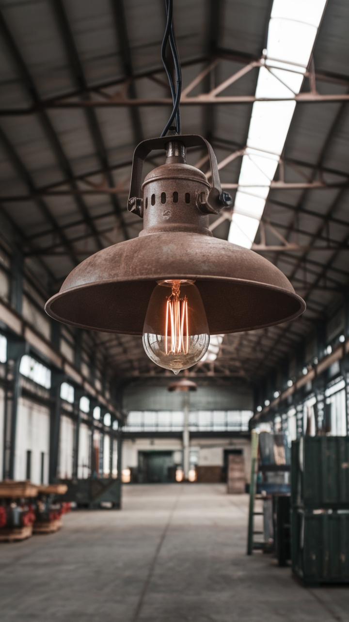 Sun-drenched warehouse chic meets raw industrial edge. This vintage pendant, its exposed bulb a fiery focal point, casts a warm glow against the cool concrete and metal beams. The perfect blend of rugged charm and refined simplicity.