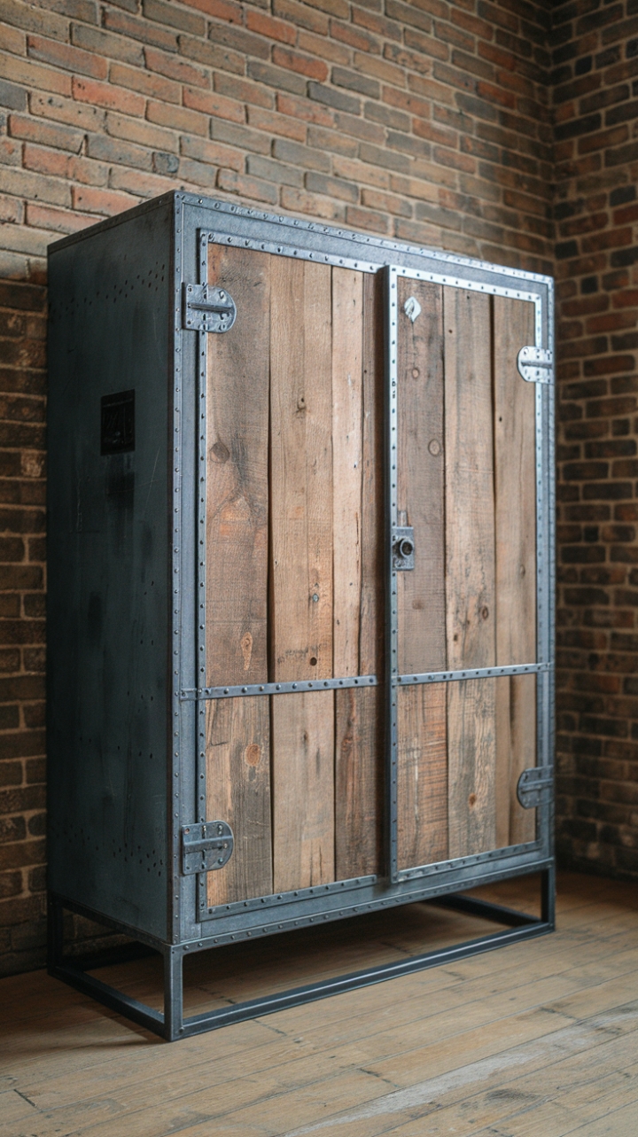 Ready to infuse your space with raw, urban cool? This vintage metal and reclaimed wood wardrobe is the perfect blend of industrial grit and rustic charm. Its distressed finish and exposed screws tell a story, while the minimalist metal frame adds a touch of modern sophistication. Imagine it anchoring your loft space, against exposed brick and gleaming wood floors—a statement piece that's as unique as you are.