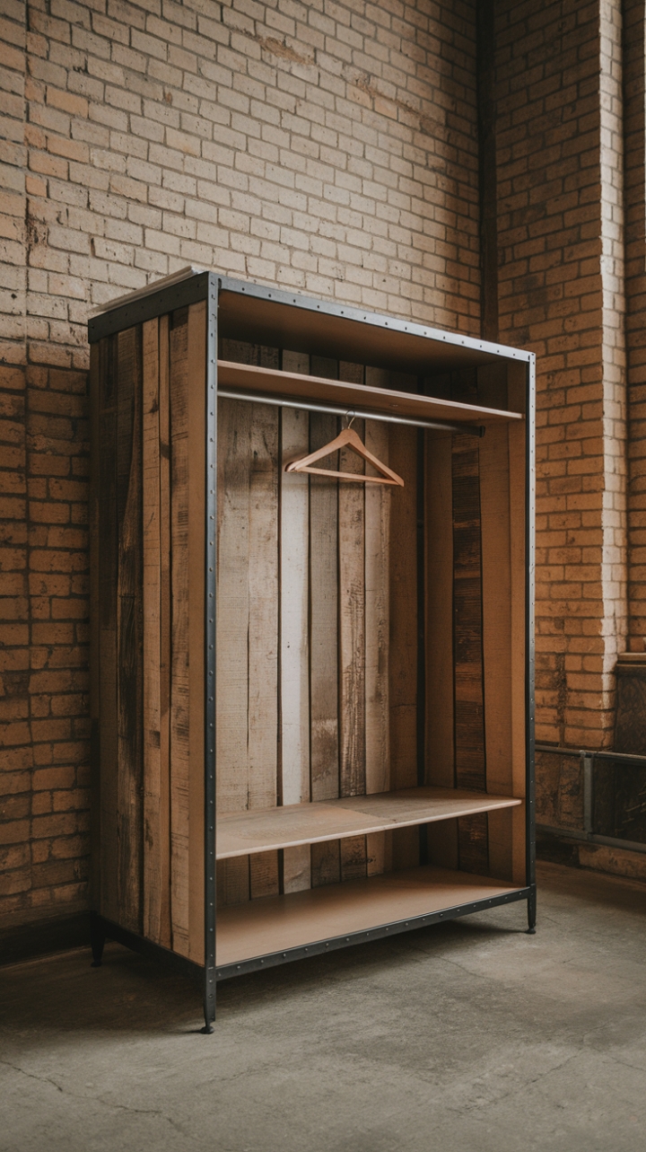 Reclaimed wood and steel collide in this minimalist's dream. A vintage industrial wardrobe, brimming with rustic charm, anchors the exposed brick loft, its concrete floor a perfect complement to the raw, factory-chic aesthetic. The simple interior hints at a life lived with intention.