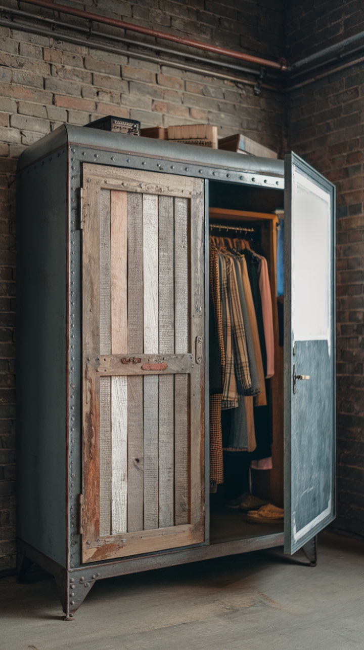 Ready to rediscover the romance of raw, industrial style? This weathered wooden wardrobe, framed in vintage steel, stands proudly against exposed brick, its contents hinting at a life lived fully and stylishly.
