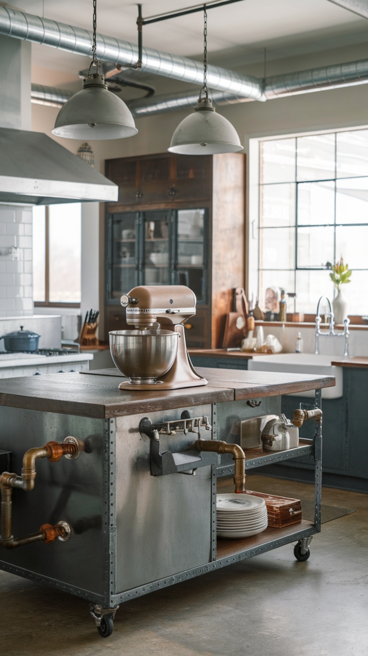 Craving a kitchen that's both edgy and inviting? Look no further! This modern industrial space boasts a stunning steel island topped with rustic wood, a perfect blend of textures and styles. The vintage mixer is the cherry on top of this design masterpiece.