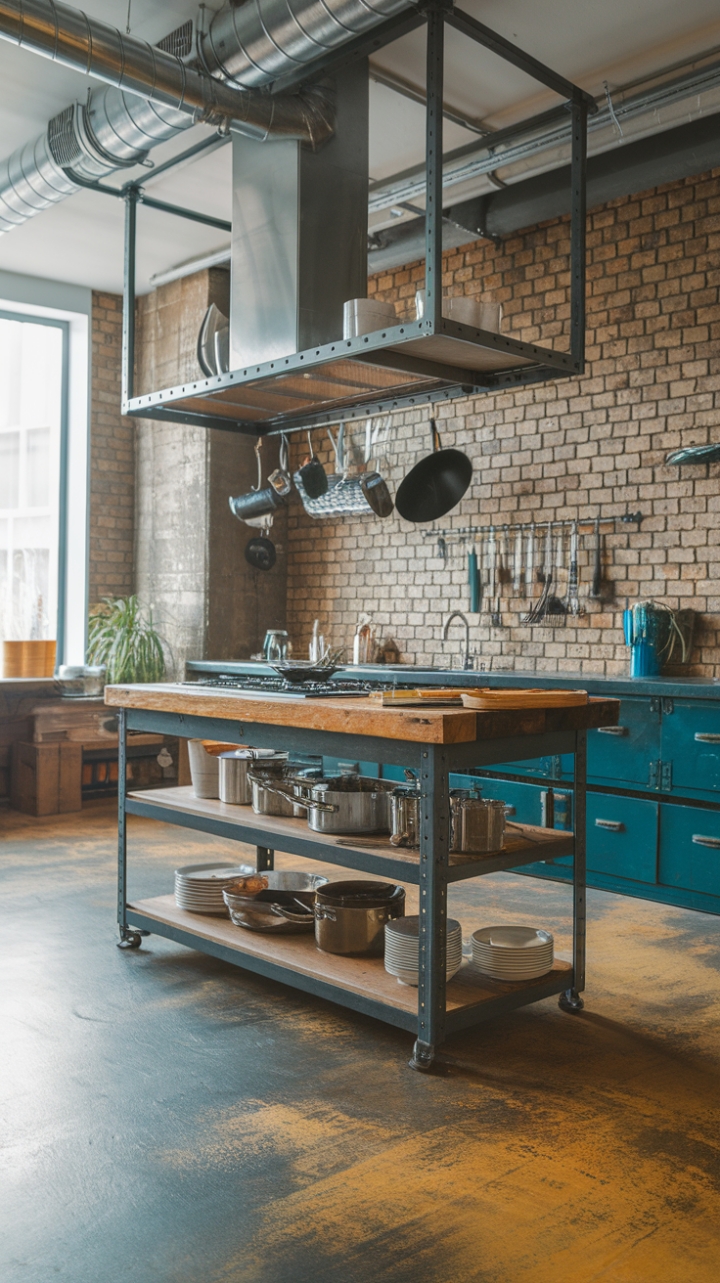 Raw industrial grit meets rustic warmth in this stunning kitchen. A reclaimed wood island, anchored by a sleek metal frame, sits proudly beneath exposed pipes, its aged surface a captivating contrast to the polished concrete floor and textured brick walls. Copper cookware dangles invitingly above, completing this perfectly balanced blend of textures and styles.