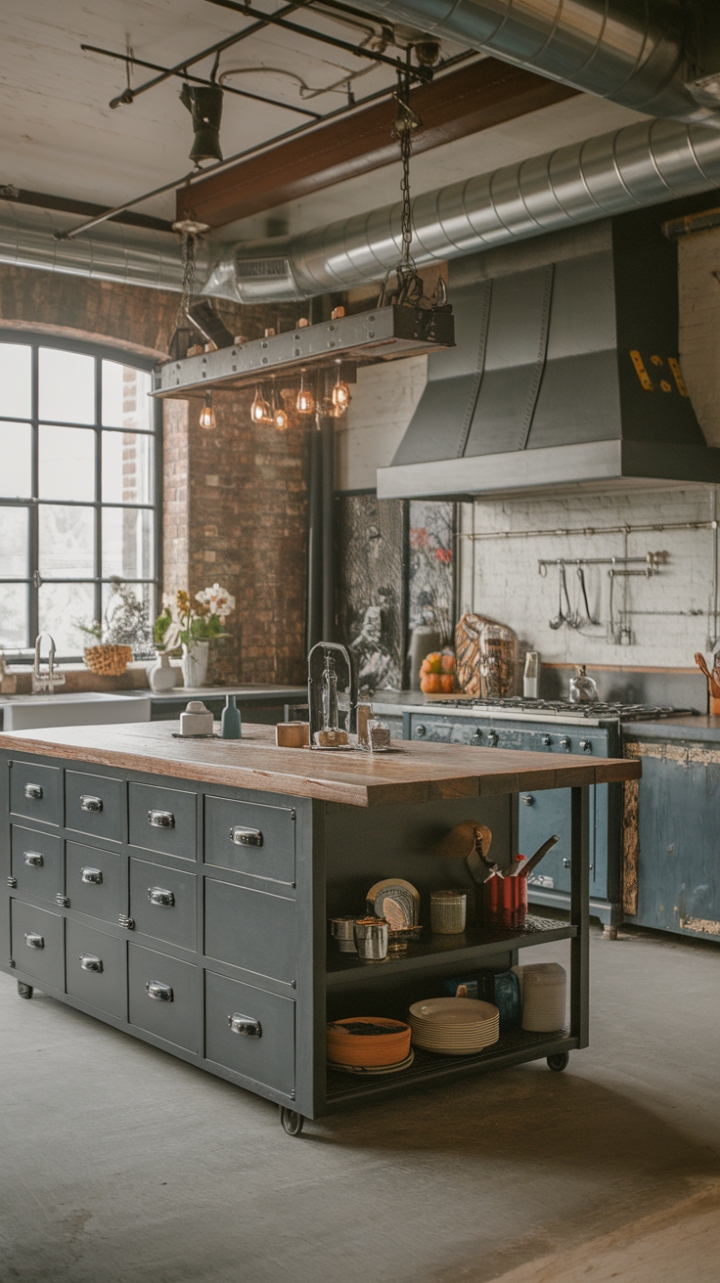 Ready to fall head-over-heels for this urban oasis? A reclaimed wood countertop crowns a steel-framed kitchen island, its exposed pipes whispering tales of industrial chic. The perfect blend of rustic charm and modern edge, this loft-style kitchen is a masterclass in design.