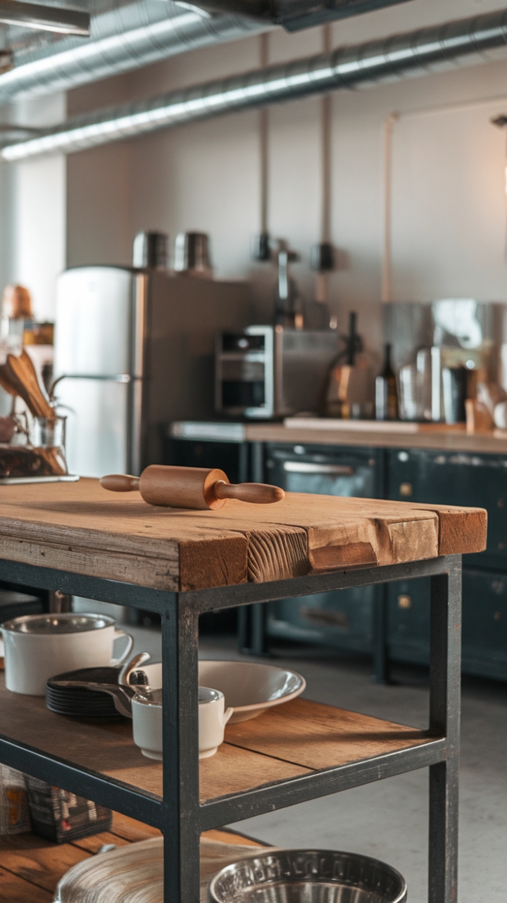 The perfect marriage of urban edge and cozy warmth, this kitchen's reclaimed wood island, grounded by a sleek metal frame, anchors a space brimming with character. Exposed pipes and vintage details add an undeniable touch of lived-in luxury.
