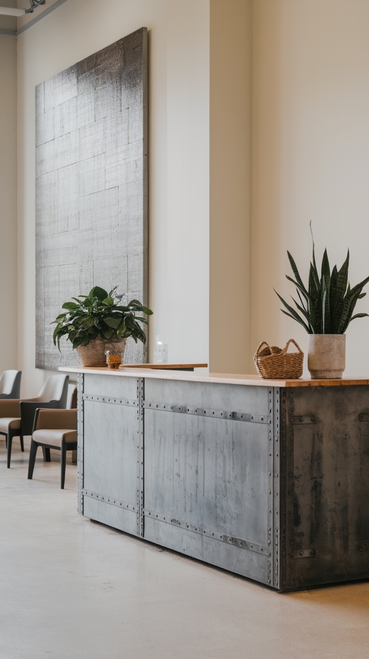 Unveiling a modern lobby's minimalist grace: a sleek metal and wood reception desk, punctuated by greenery and art, sets the stage for understated sophistication. The clean white walls and abstract artwork complete this haven of calm.
