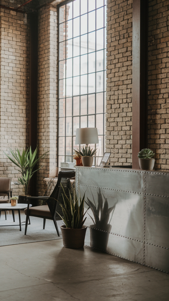 Raw industrial chic meets unexpected warmth in this stunning lobby design. Exposed brick walls and a polished concrete floor create a foundation of urban grit, softened by lush greenery and comfortable seating. The metal reception desk, a focal point of sleek modernity, is adorned with carefully chosen accents, proving that even industrial spaces can be inviting and refined.