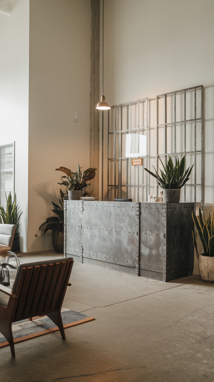 Raw concrete floors meet sleek metal in this modern industrial lobby, where minimalist design and lush greenery create an unexpected yet harmonious blend. The perfect balance of form and function, this space welcomes you with understated sophistication.