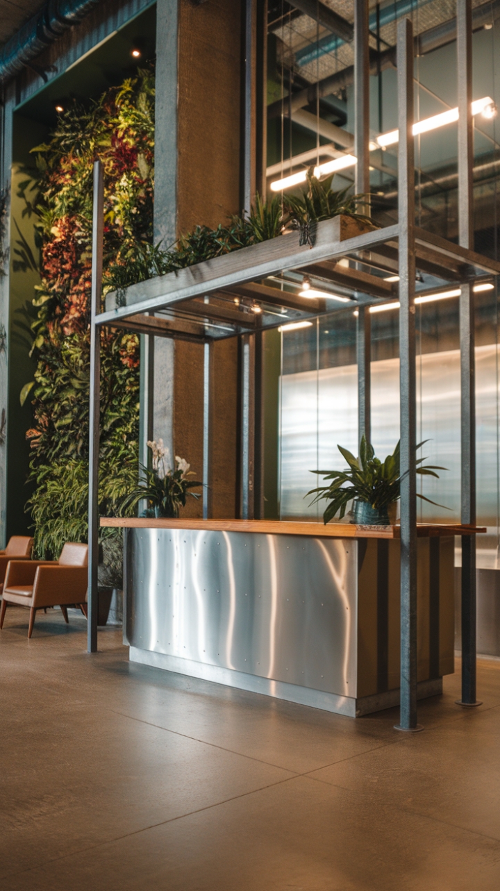 Imagine arriving to *this* every day. The juxtaposition of sleek steel and organic textures in this industrial-style lobby is simply breathtaking. A living wall bursts with life against the backdrop of polished concrete and a minimalist reception desk, proving that even a workspace can be a sanctuary.