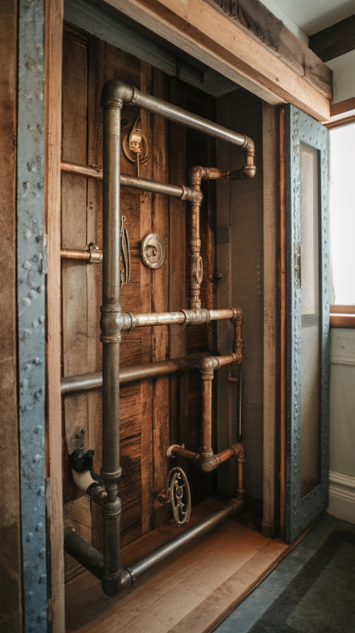 Ready to rethink bathroom storage? This rustic-industrial pipe closet, a masterpiece of vintage metal and reclaimed wood, adds character and functionality in equal measure. Its steampunk-inspired design is the perfect blend of rugged charm and unexpected elegance, transforming a utilitarian space into a design statement.
