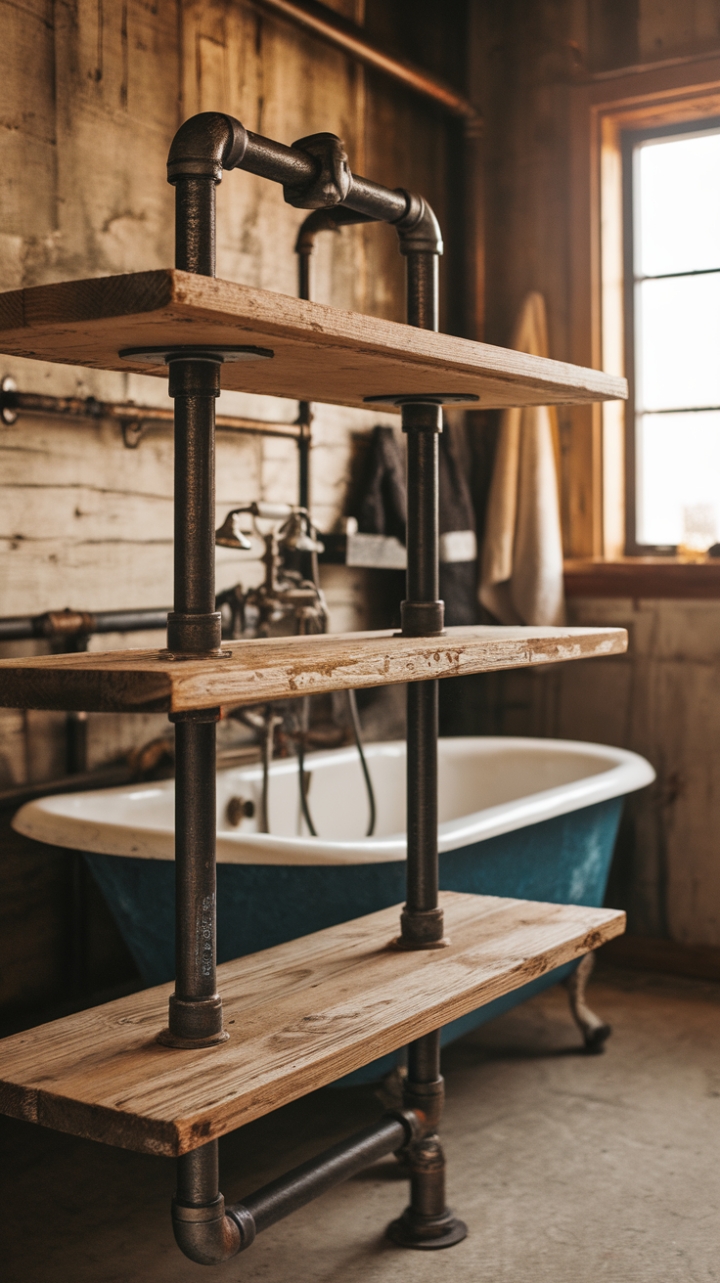 Imagine the perfect industrial-chic bathroom: dark, aged pipes supporting warm, weathered wood shelves, all nestled beside a vintage clawfoot tub. This isn't just storage; it's a statement piece. The rustic pipe shelving unit adds character and functionality, showcasing a unique blend of textures and tones that will instantly upgrade your bathroom's aesthetic.