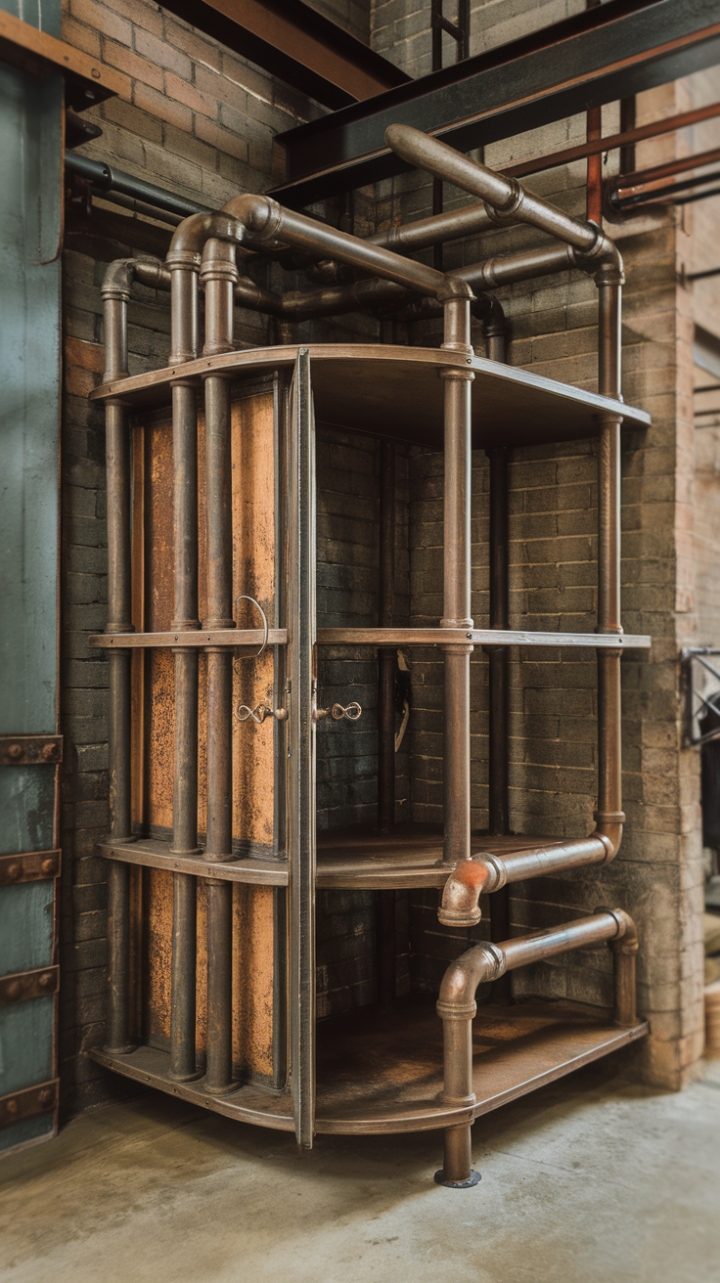Raw industrial pipes forge a captivating closet, a testament to repurposed elegance. This vintage-inspired piece, nestled in a corner against a backdrop of brick and metal, speaks volumes about unique style. The aged texture of the pipes and the ingenious design create a space that's both practical and a striking focal point, perfectly capturing the spirit of steampunk design.