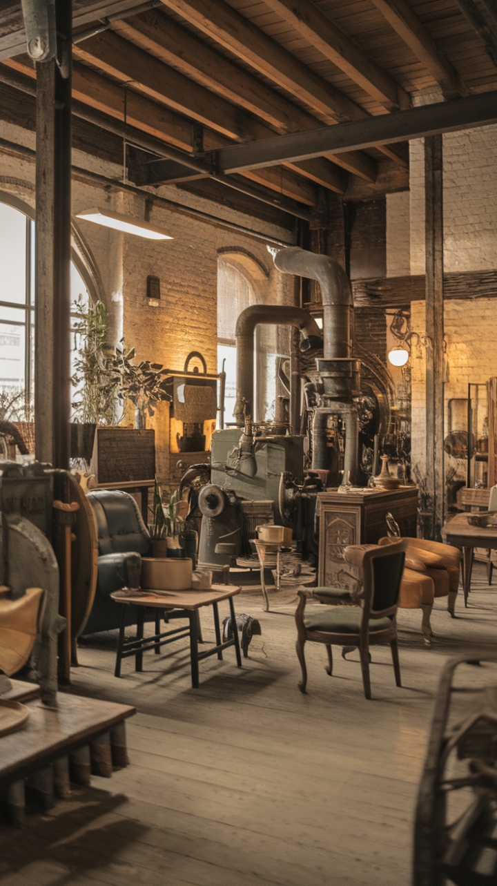 Uncover a world of raw, romantic industrialism. Vintage machinery whispers tales of bygone eras, mingling seamlessly with plush velvet seating and the soft glow of warm lighting against exposed brick and aged wood. A symphony of textures and timeworn treasures creates an atmosphere both rugged and refined.